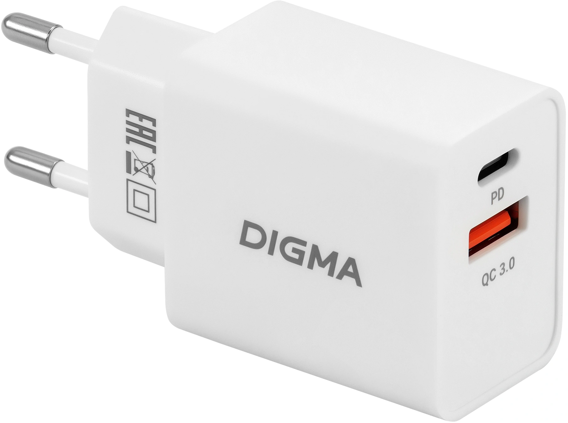 Сетевое зар./устр. Digma DGW2D 20W 3A+1A (PD+QC) USB-C/USB-A универсальное белый (DGW2D0F110WH)