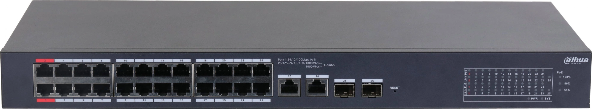 Коммутатор Dahua DH-CS4226-24ET-375 (L2) 24x100Мбит/с 2xКомбо(1000BASE-T/SFP) 2SFP 24PoE 375W управляемый