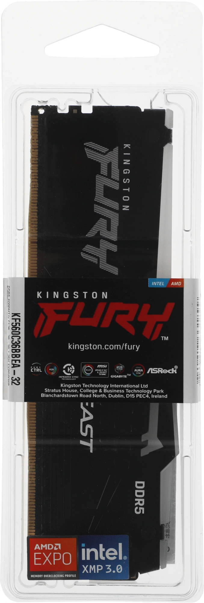 Память DDR5 32GB 6000MHz Kingston KF560C36BBEA-32 Fury Beast Black Expo RGB RTL Gaming PC5-48000 CL36 DIMM 288-pin 1.35В kit dual rank с радиатором Ret