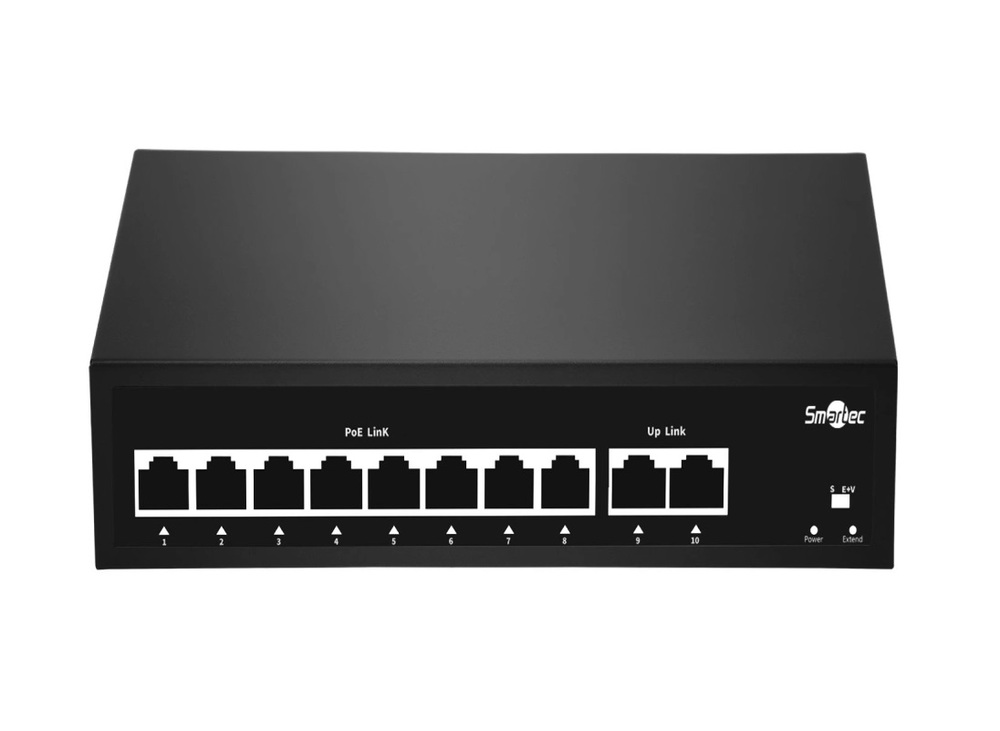 ST-NS208MB-GD - Неадминистрируемый коммутатор, 8 RJ-45 POE портов (10/100 Мбит/с), 2 RJ-45 Uplink порта (1000 Мбит/с), бюджет на порт до 30 Вт, общий бюджет до 95 Вт.