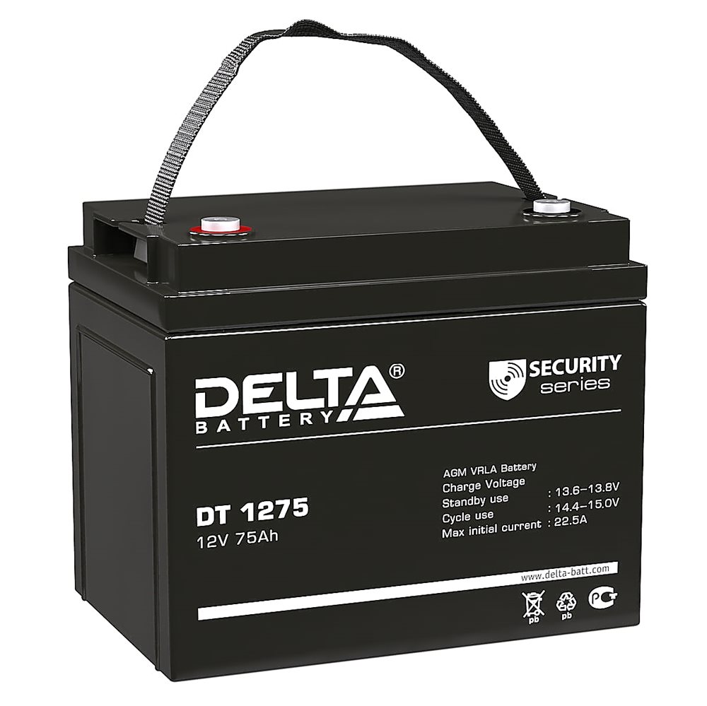 DT 1275 - Аккумулятор Delta герметичный свинцово-кислотный, 12В/75Ач, клеммы под болт с гайкой 8 мм