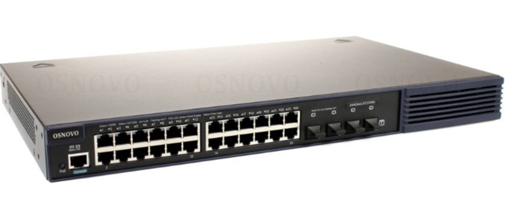 SW-8244/LST(370W) - Управляемый L2+ стекируемый PoE коммутатор Gigabit Ethernet на 24 RJ45 PoE + 4 x SFP uplink порта. Порты: 4 x GE (10/100/1000Base-T) с PoE (до 60W) + 20 x GE (10/100/1000Base-T) с PoE (до 30W), 4 x GE SFP. Встроенная грозозащита коммун