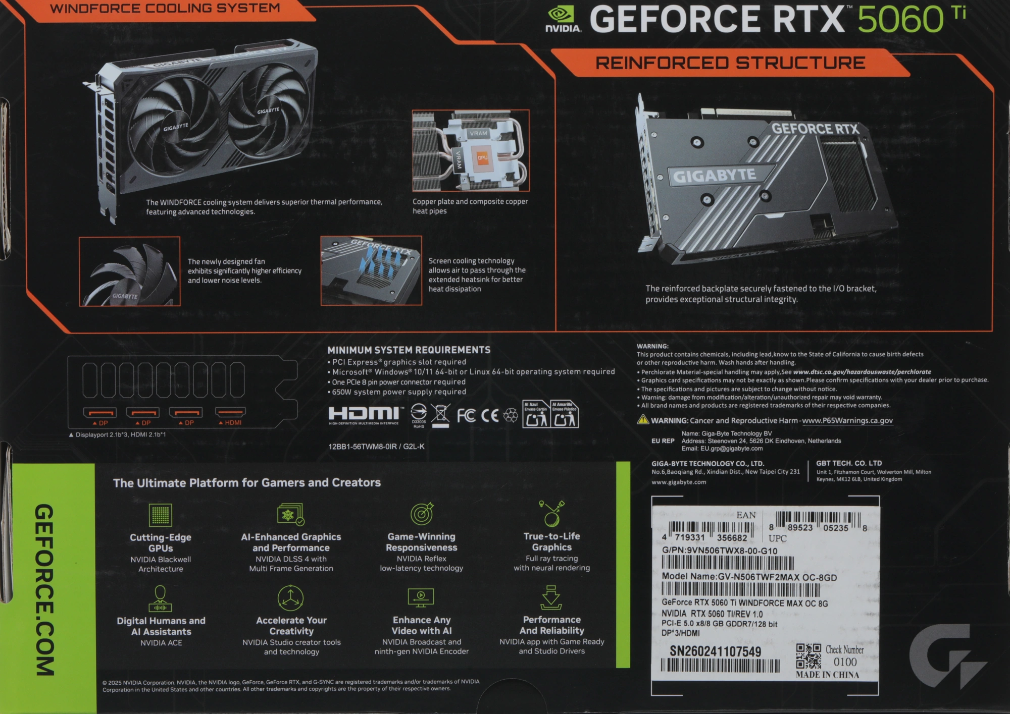 Видеокарта Gigabyte PCI-E 5.0 GV-N506TWF2MAX OC-8GD 1.0 NVIDIA GeForce RTX 5060TI 8Gb 128bit GDDR7 2587/28000 HDMIx1 DPx3 HDCP Ret