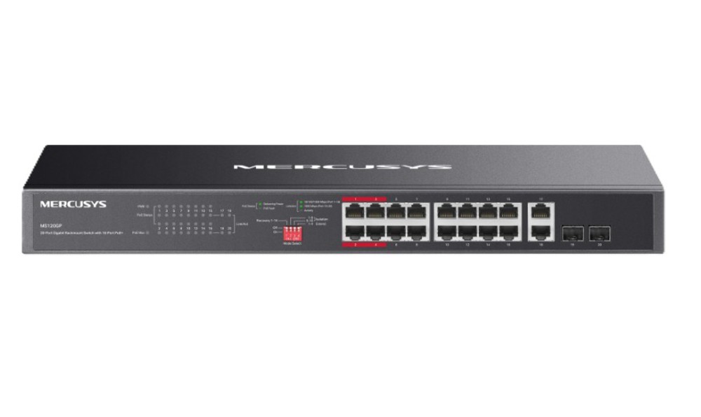 MS120GP - Коммутатор 20-портовый гигабитный с 16 портами PoE+, 2 порта RJ45 и 2 комбинированных слота SFP,  802.3af/at, Mercusys