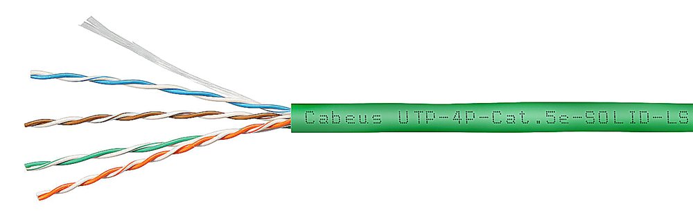 Cabeus UTP-4P-Cat.5e-SOLID-LSZH-GN - Кабель витая пара UTP (U/UTP), категория 5e, 4 пары (24 AWG), одножильный, зеленый, LSZH (Low Smoke Zero Halogen) (305 м), системная гарантия 25 лет.