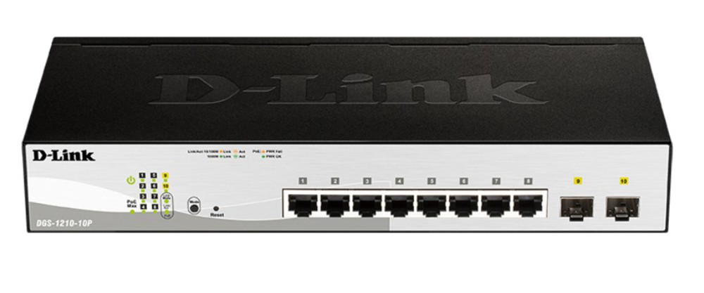 DGS-1210-10P/FL2A - Управляемый L2 коммутатор с 8 портами 10/100/1000Base-T и 2 портами 1000Base-X SFP (8 портов PoE 802.3af/at, PoE бюджет 65 Вт), D-link