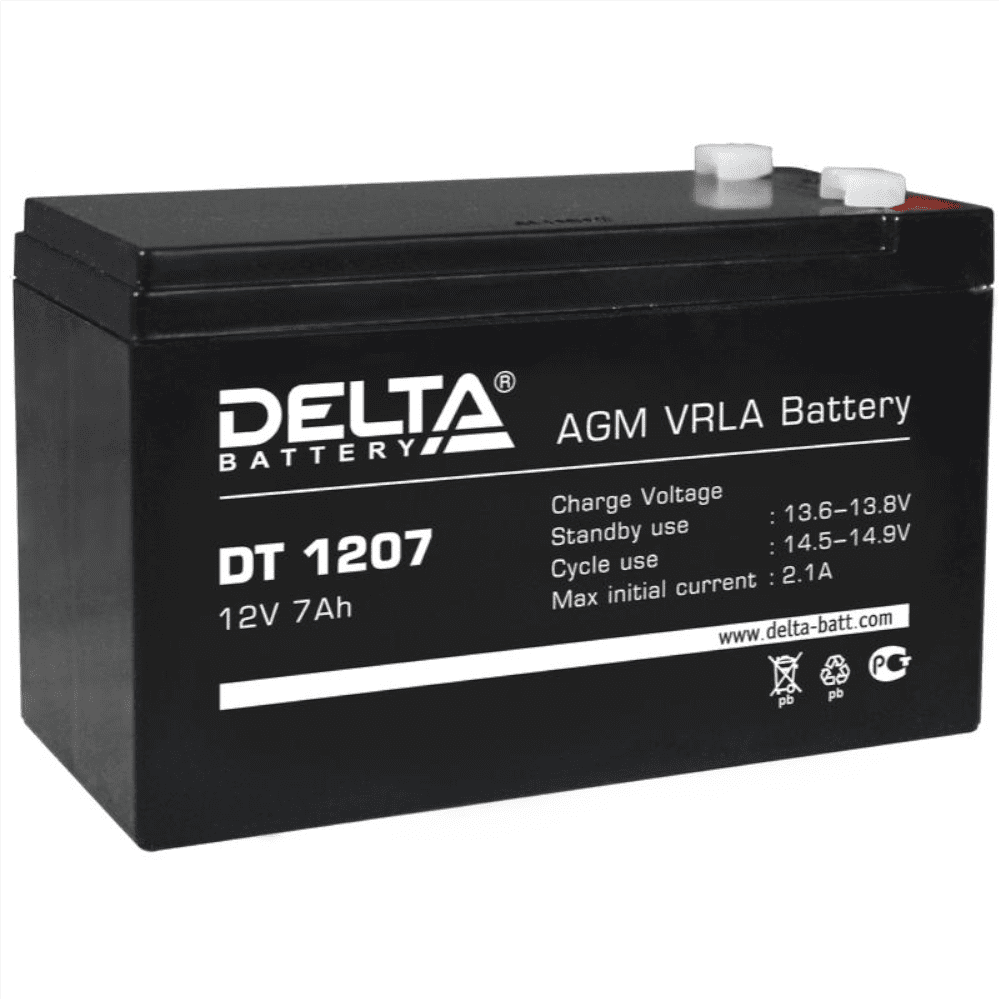 DT 1207 - Аккумулятор Delta герметичный cвинцово-кислотный, герметичный аккумулятор, 12В/7Ач, ножевые клеммы 4.8 мм (F1)