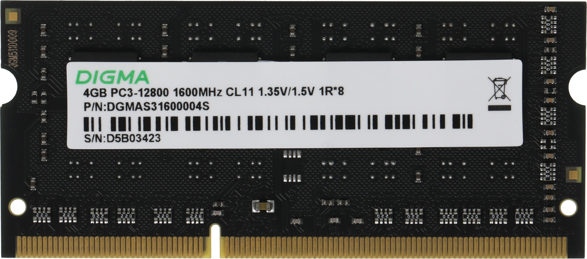 Память DDR3 4GB 1600MHz Digma DGMAS31600004S RTL PC3-12800 CL11 SO-DIMM 204-pin 1.35В single rank Ret