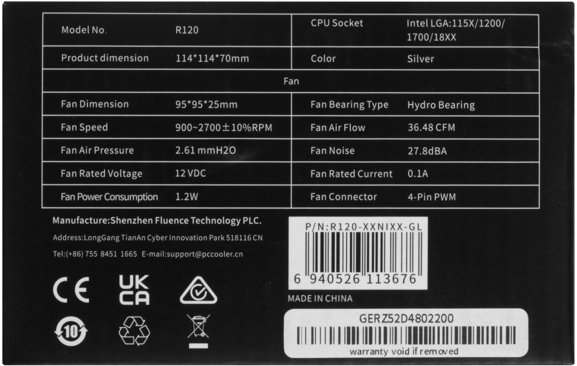 Устройство охлаждения(кулер) PcCooler R120 Soc-1200/1700/1851 серебристый 4-pin 27.8dB Al 95W 191gr Ret (R120-XXNIXX-GL)