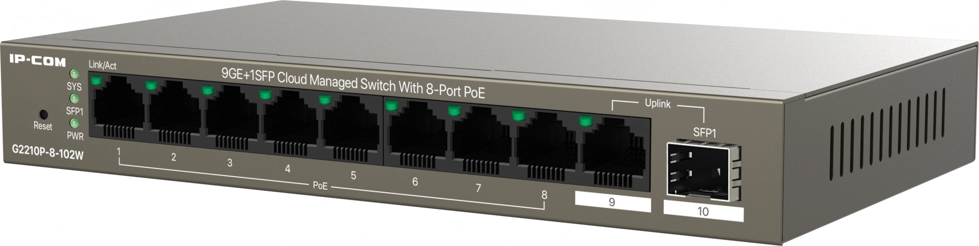 Коммутатор IP-Com G2210P-8-102W (L2) 9x1Гбит/с 1xКомбо(1000BASE-T/SFP) 1SFP 8PoE 92W неуправляемый
