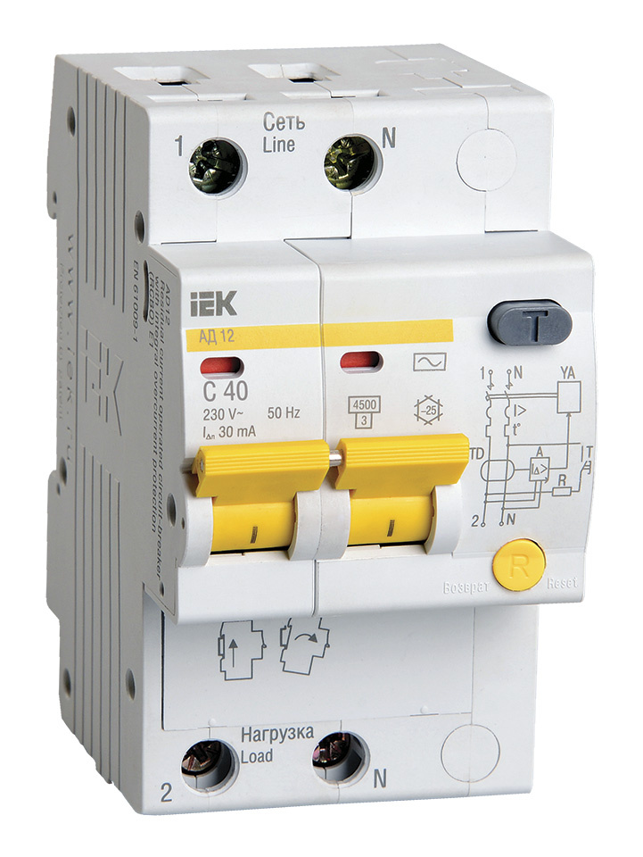 Выключатель автом. дифф. тока IEK MAD10-2-040-C-030 АД12 40A тип C 4.5kA 30мА AC 2П 230В 3мод белый (упак.:1шт)