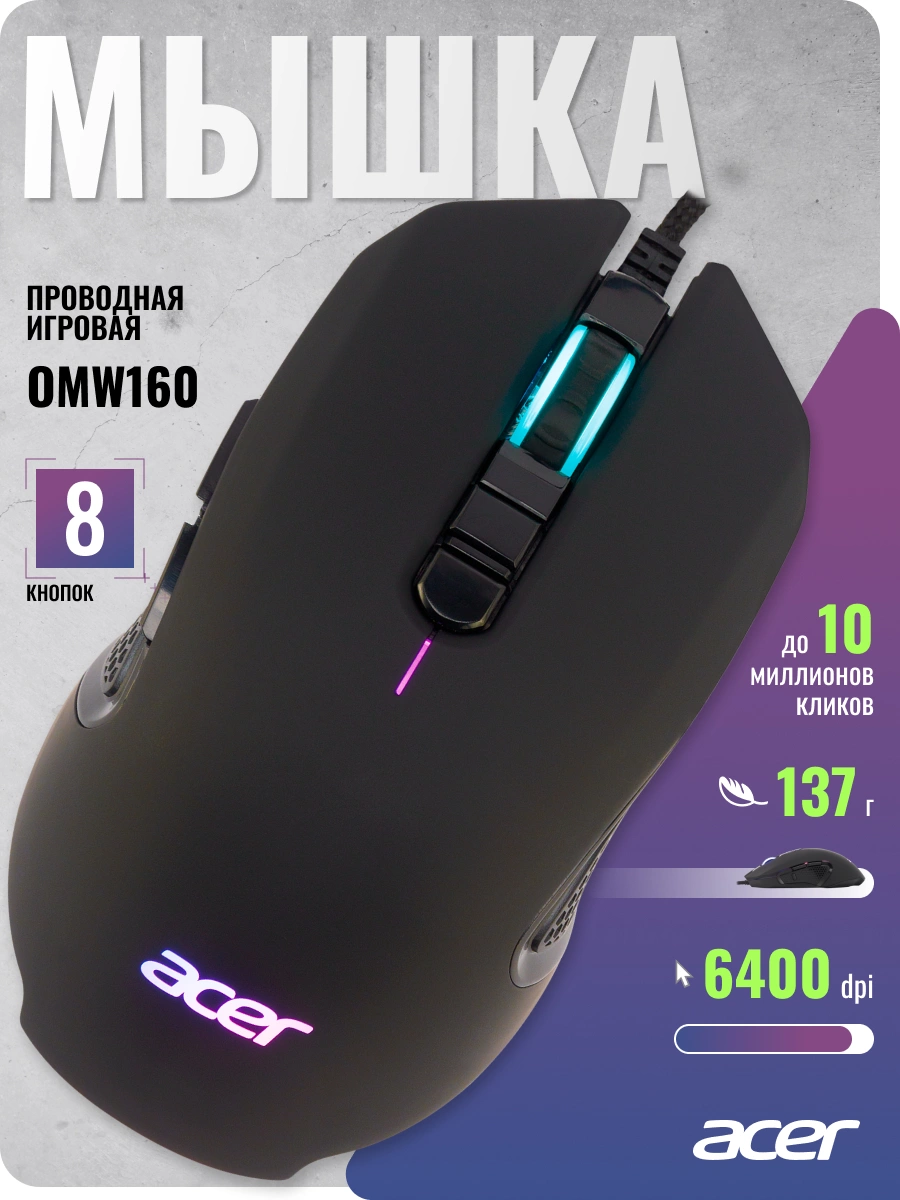 Мышь Acer OMW160 черный оптическая 6400dpi USB 8but (ZL.MCEEE.00Q)
