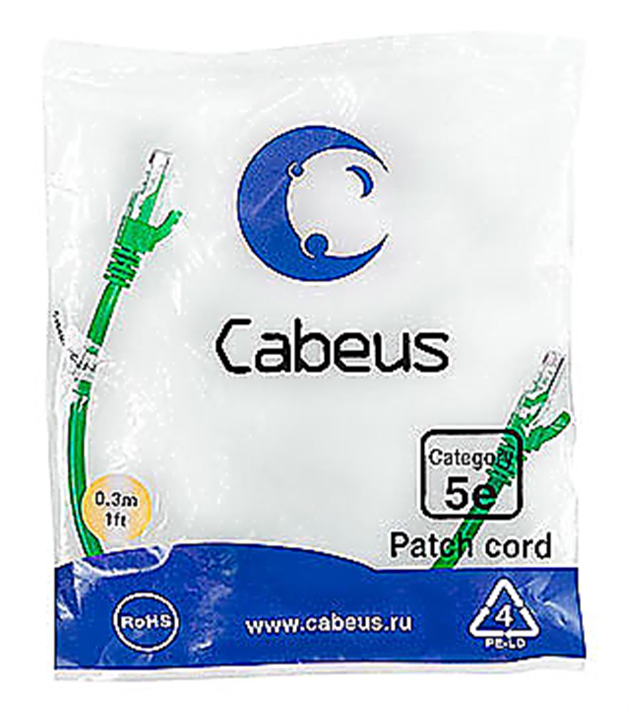 Cabeus PC-UTP-RJ45-Cat.5e-0.3m-GN - Патч-корд U/UTP, категория 5е, 2xRJ45/8p8c, неэкранированный, зеленый, PVC, 0.3м