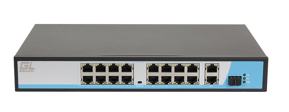 GL-SW-F005-16P - Коммутатор GIGALINK, неуправляемый, 16 PoE (802.3af) порта 10/100Мбит/с до 250 метров cat.6, 2 * 10/100/1000BaseT + 1 SFP 1000Мбит/с, 300Вт
