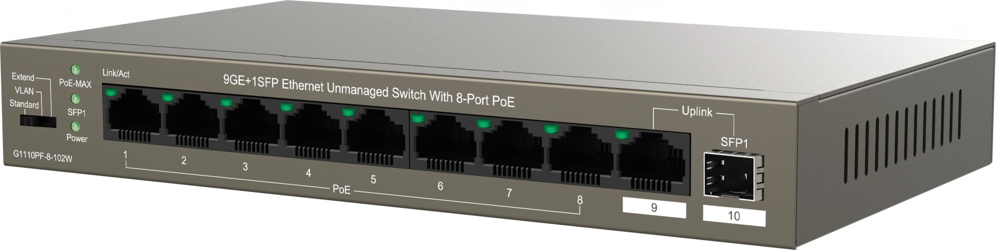 Коммутатор IP-Com G1110PF-8-102W (L2) 9x1Гбит/с 1xКомбо(1000BASE-T/SFP) 1SFP 8PoE 92W неуправляемый