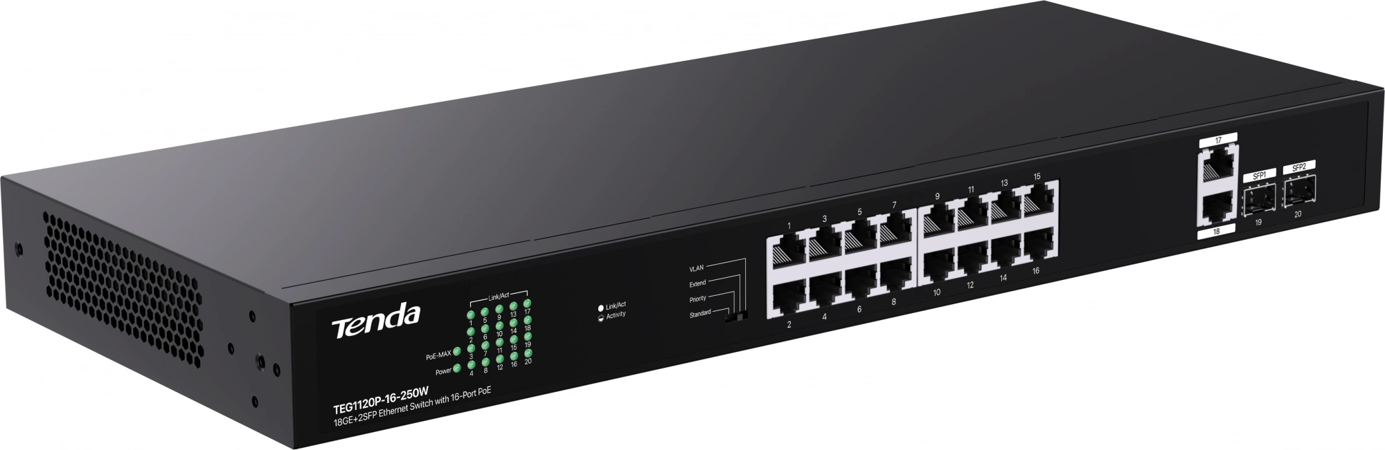 Коммутатор Tenda TEG1120P-16-250W (L2) 18x1Гбит/с 2SFP 16PoE 250W неуправляемый