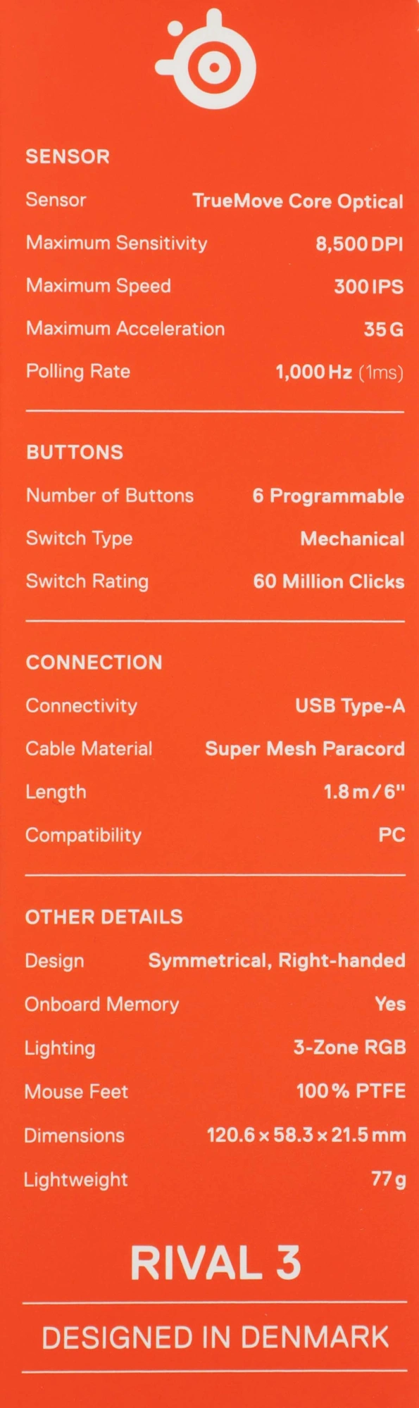 Мышь Steelseries Rival 3 Gen 2 черный оптическая 8500dpi USB 5but (62515)