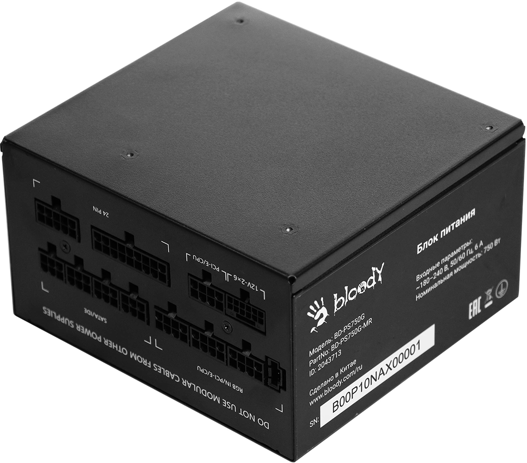 Блок питания Bloody ATX 750W BD-PS750G 80+ gold (20+4pin) APFC 120mm fan color LED 6xSATA Cab Manag RTL