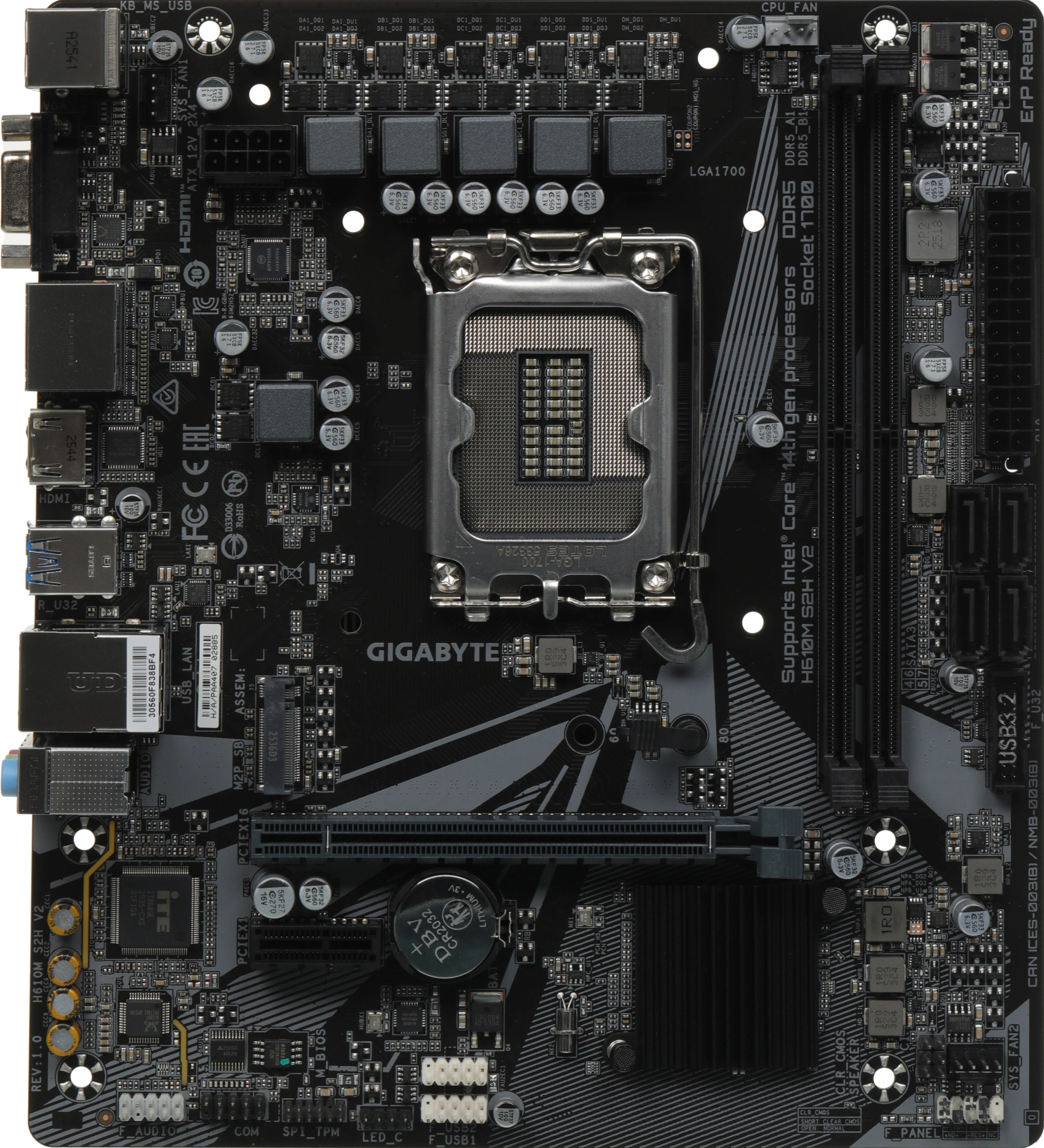Материнская плата Gigabyte H610M S2H V2 Soc-1700 Intel H610 2xDDR5 mATX AC`97 8ch(7.1) GbLAN+VGA+HDMI+DP