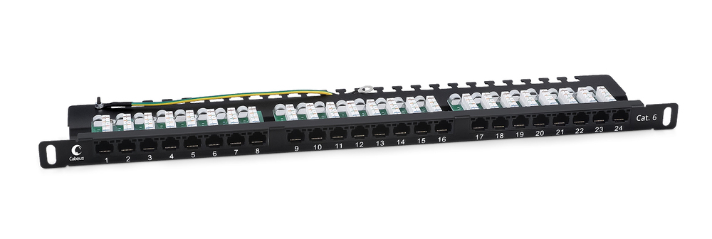 Cabeus PLHD-24-Cat.6-Dual-90-0,5U - Патч-панель высокой плотности 19" (0,5U), 24 порта RJ-45, категория 6, Dual IDC, 90 градусов, с задним кабельным организатором