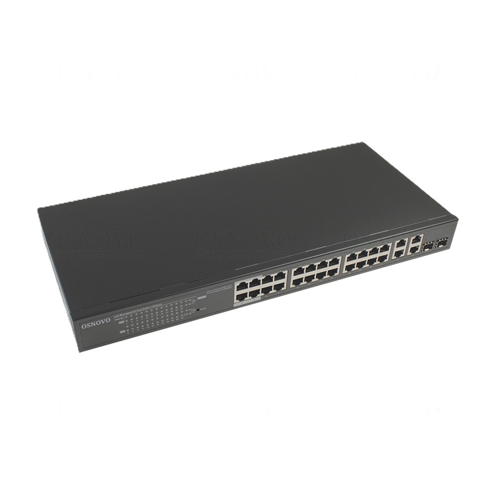 SW-24G2C-M(200W) - Web-управляемый PoE коммутатор  Osnovo Gigabit Ethernet на 28 портов. Порты: 4 x GE (10/100/1000Base-T) с PoE (до 90W, A+B) + 20 x GE (10/100/1000 Base-T) с PoE (до 30W) + 2 x GE Combo (1000BASE-T/1000Base-X) + 2 х GE (10/100/1000 Base-
