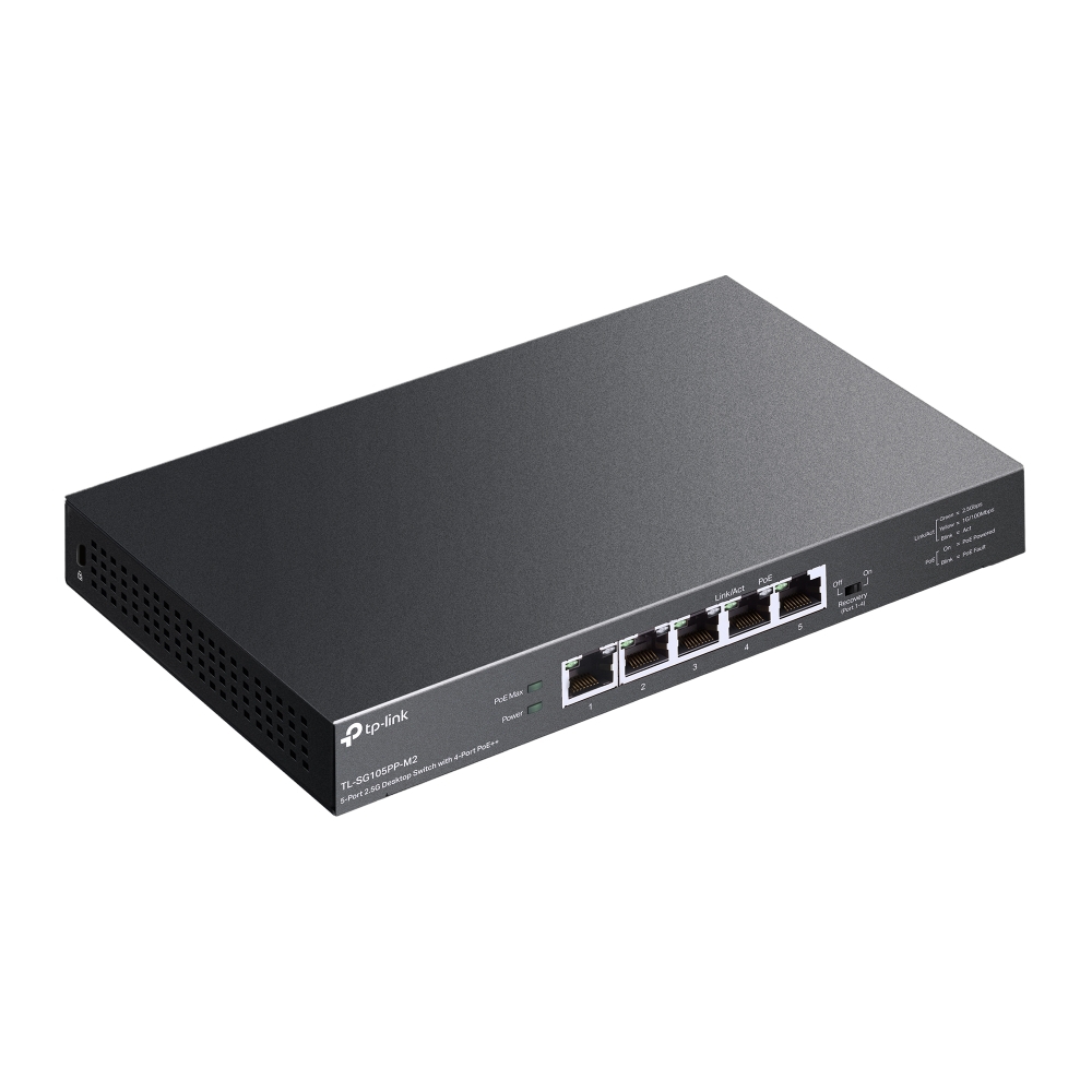 TL-SG105PP-M2 - 5-портовый настольный 2.5G коммутатор с 4 портами PoE++. Порты: 4 х порта 2.5 Гбит/с PoE++, 1 х порт 2.5 Гбит/с без PoE, TP-link