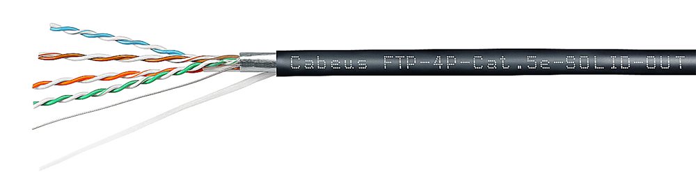 Cabeus FTP-4P-Cat.5e-SOLID-OUT-LSZH-UV - Кабель витая пара экранированная FTP (F/UTP), категория 5e, 4 пары (24 AWG), одножильный, экран - фольга, для внеш прокл  LSZH-UV (305 м)