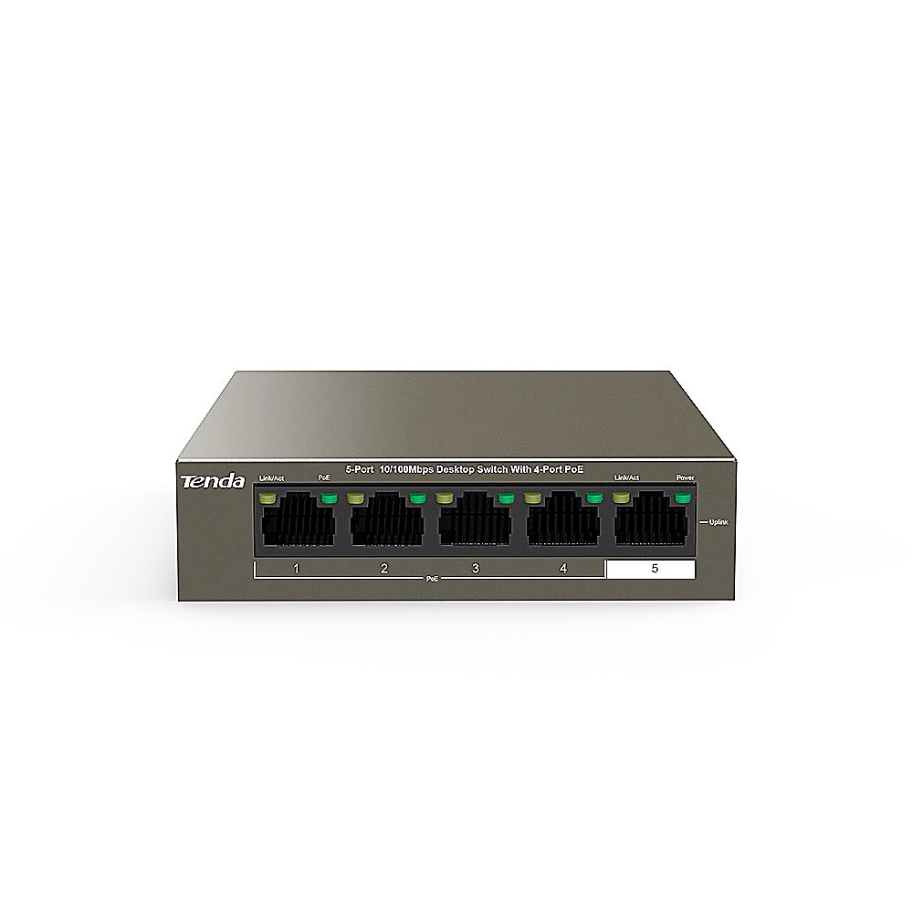 Tenda TEF1105P-4-38W - Коммутатор PoE неуправляемый, 5 портов 10/100 Мбит/с Base-TX RJ45, грозозащита по PoE до 6 кВ. Порты с 1 по 4 IEEE 802.3af PoE (15Вт на порт), Бюджет PoE 38Вт, грозозащита портов 6 кВ.