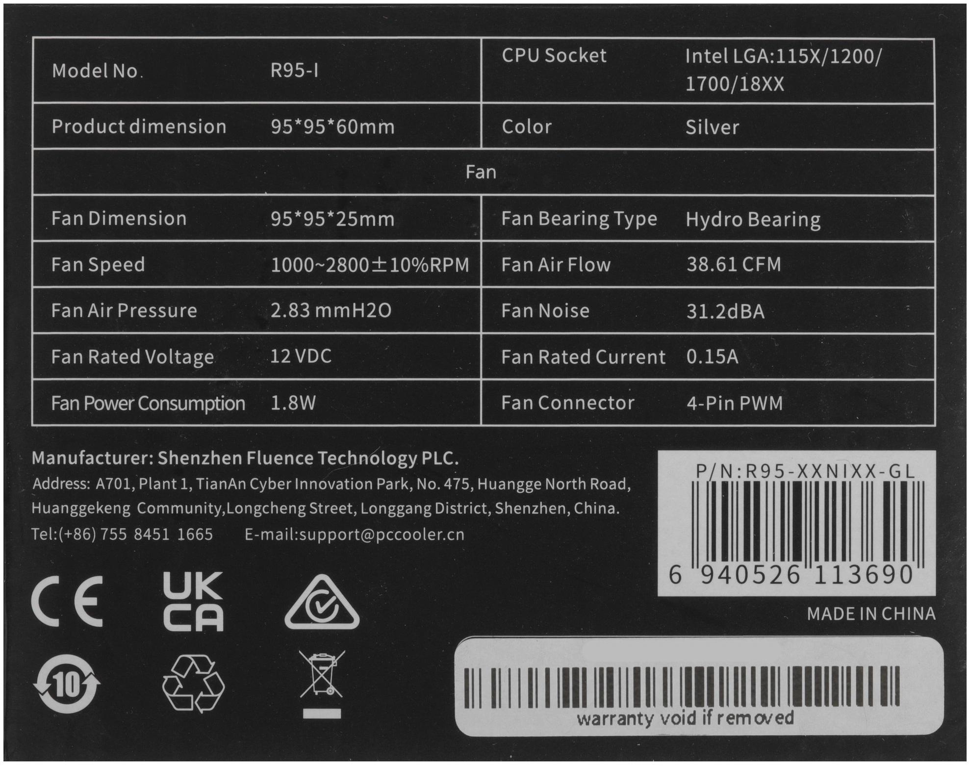 Устройство охлаждения(кулер) PcCooler R95-I Soc-1200/1700/1851 серебристый/черный 4-pin 31.2dB Al+Cu 95W 400gr Ret (R95-XXNIXX-GL)