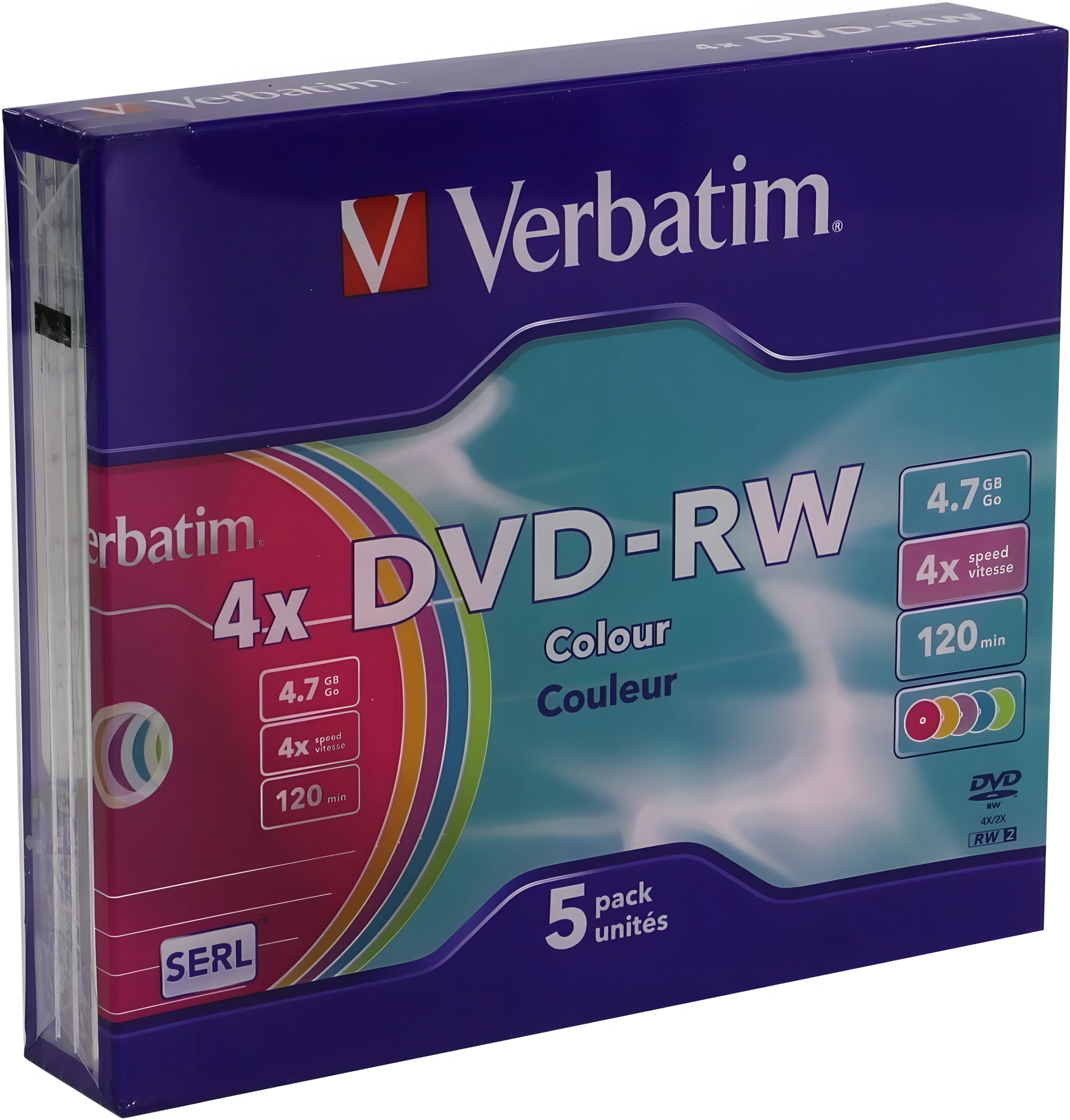 Диск DVD-RW Verbatim 4.7Gb 4x Slim case (5шт) Color (43563)
