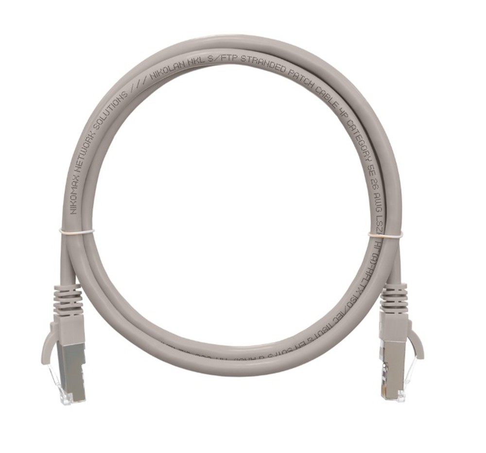 NMC-PC4SD55B-001-C-GY - Коммутационный шнур NIKOMAX F/UTP 4 пары, Кат.5е (Класс D), 100МГц, 2хRJ45/8P8C, T568B, заливной, с защитой защелки, многожильный, BC (чистая медь), 26AWG (7х0,165мм), LSZH нг(А)-HFLTx, серый, 0,15м