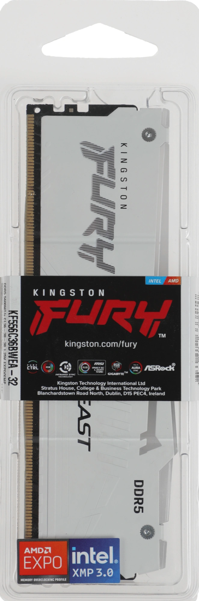 Память DDR5 32GB 5600MHz Kingston KF556C36BWEA-32 Fury Beast White Expo RGB RTL Gaming PC5-44800 CL36 DIMM 288-pin 1.25В kit single rank с радиатором Ret