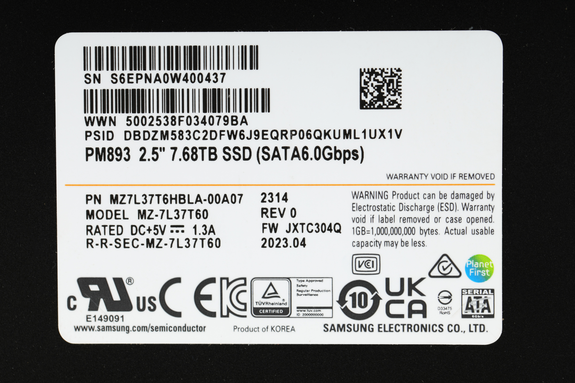 Накопитель SSD Samsung SATA-III 7.68TB MZ7L37T6HBLA-00A07 PM893 2.5" 1 DWPD OEM