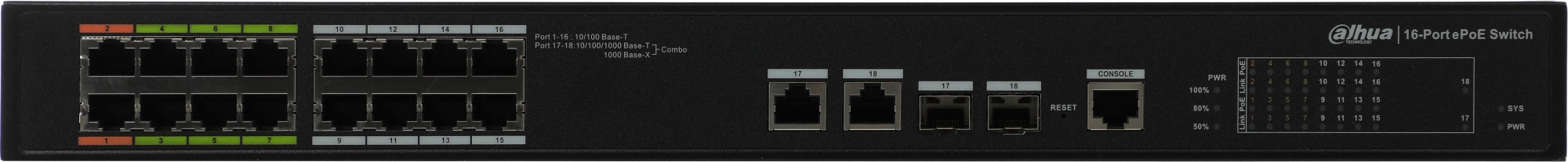 Коммутатор Dahua DH-LR2218-16ET-240 (L2) 16x100Мбит/с 2x1Гбит/с 2xКомбо(1000BASE-T/SFP) 2SFP 14PoE+ 2PoE++ 240W управляемый