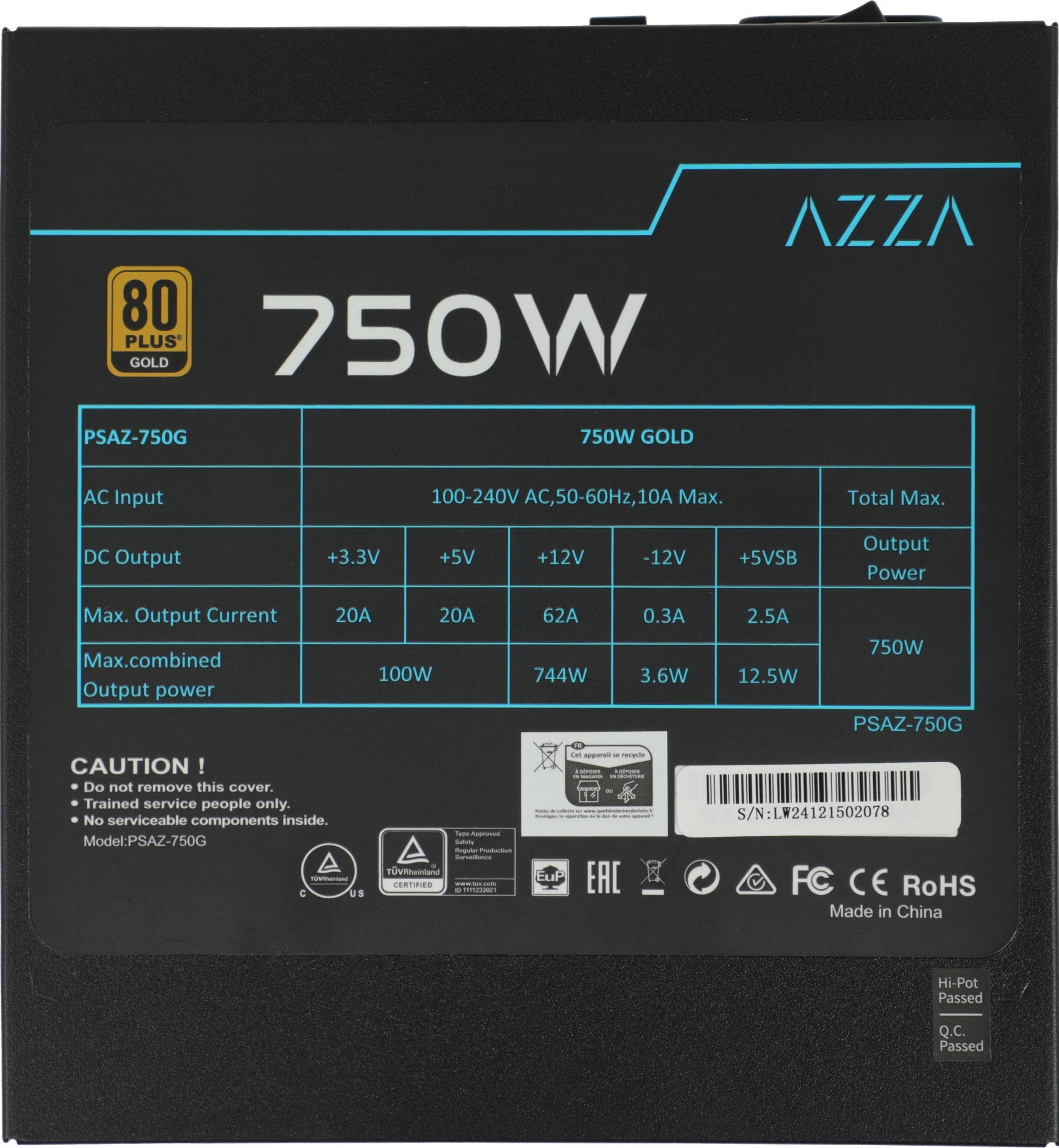 Блок питания Azza ATX 750W PSAZ-750G 80+ gold (20+4pin) APFC 120mm fan 6xSATA Cab Manag RTL