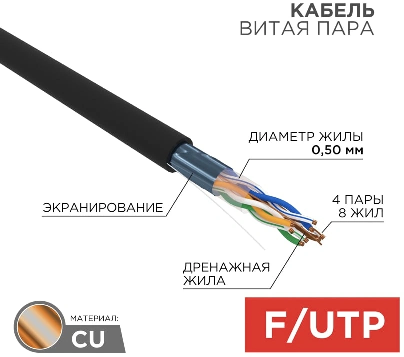 Кабель информационный Rexant 01-0146-R кат.5E F/UTP 4 пары 24AWG PE внешний 305м черный