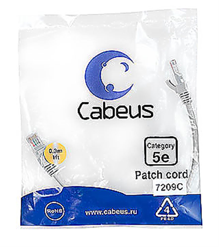 Cabeus PC-UTP-RJ45-Cat.5e-0.3m - Патч-корд U/UTP, категория 5е, 2xRJ45/8p8c, неэкранированный, серый, PVC, 0.3м