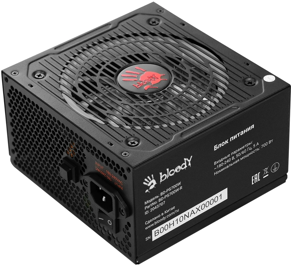 Блок питания Bloody ATX 700W BD-PS700W 80 PLUS WHITE (20+4pin) APFC 120mm fan color LED 6xSATA RTL