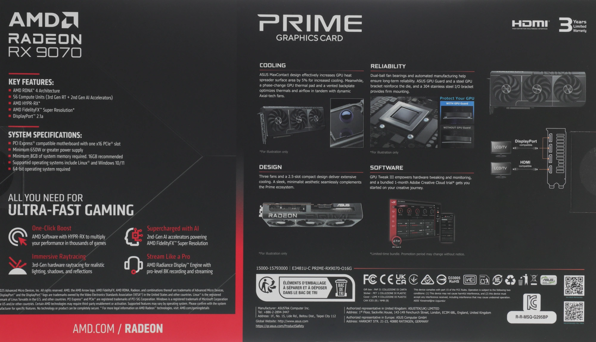 Видеокарта Asus PCI-E 5.0 PRIME-RX9070-O16G AMD Radeon RX 9070 16Gb 256bit GDDR6 2120/20000 HDMIx1 DPx3 HDCP Ret