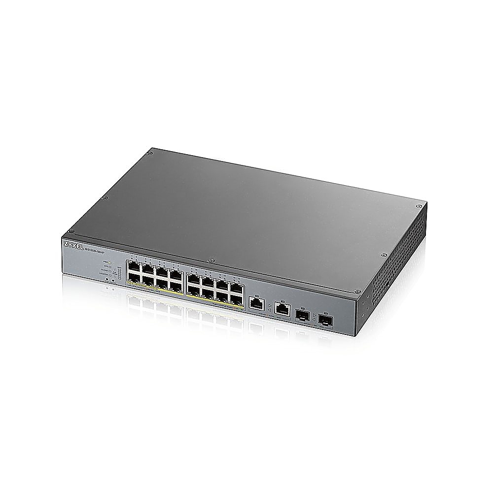 GS1350-18HP - L2 коммутатор управляемый PoE+ для IP-видеокамер Zyxel, 16xGE PoE+, 2xCombo (SFP/RJ-45), бюджет PoE 250 Вт, дальность передачи питания до 250 м, автоперезагрузка PoE-портов