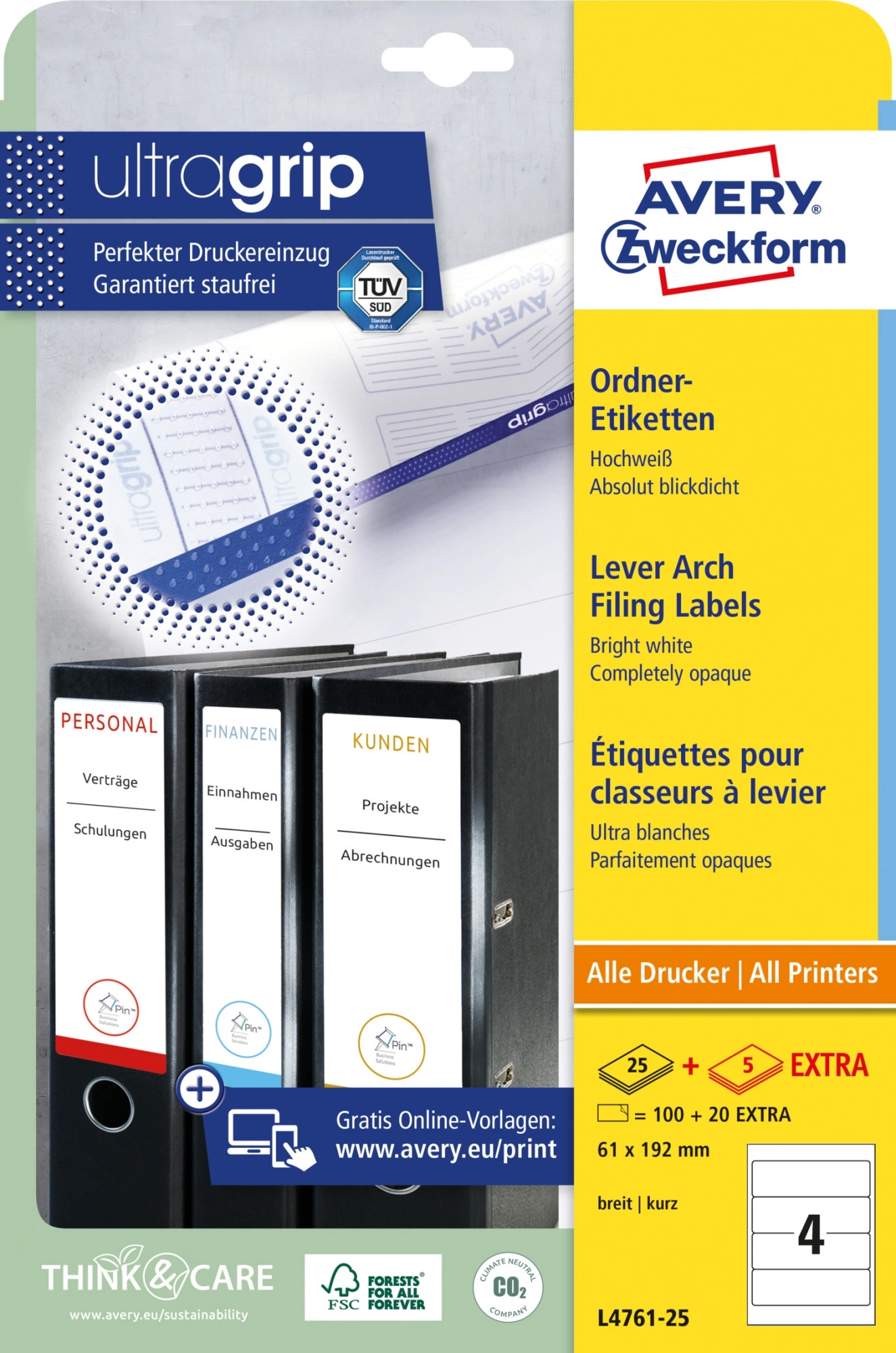 Этикетки Avery Zweckform L4761-25 A4 61x192мм 4шт на листе/80г/м2/25л./белый самоклей. универсальная
