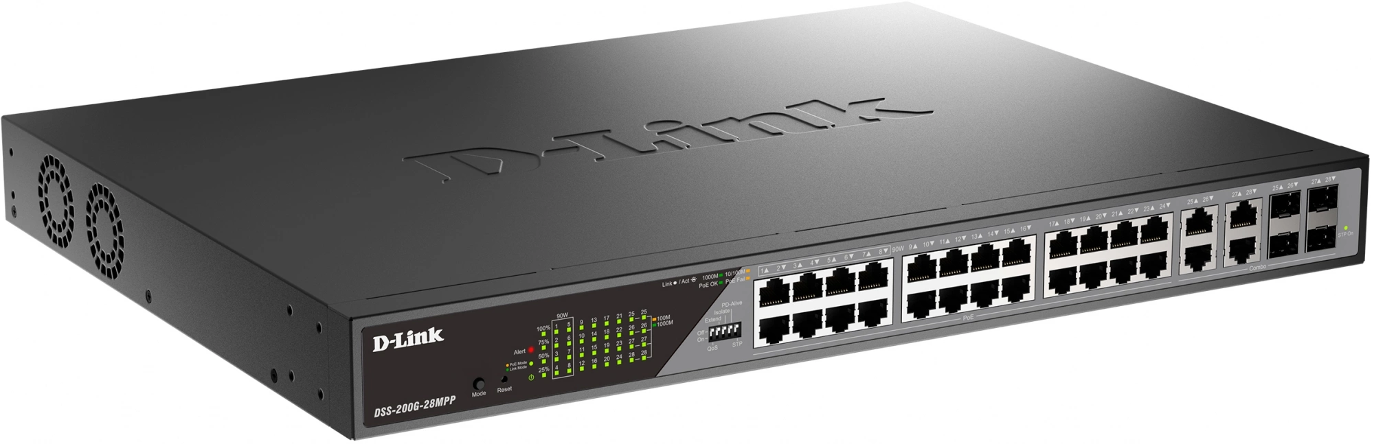 Коммутатор D-Link DSS-200G-28MPP/A1A (L2) 24x1Гбит/с 4xКомбо(1000BASE-T/SFP) 518W настраиваемый