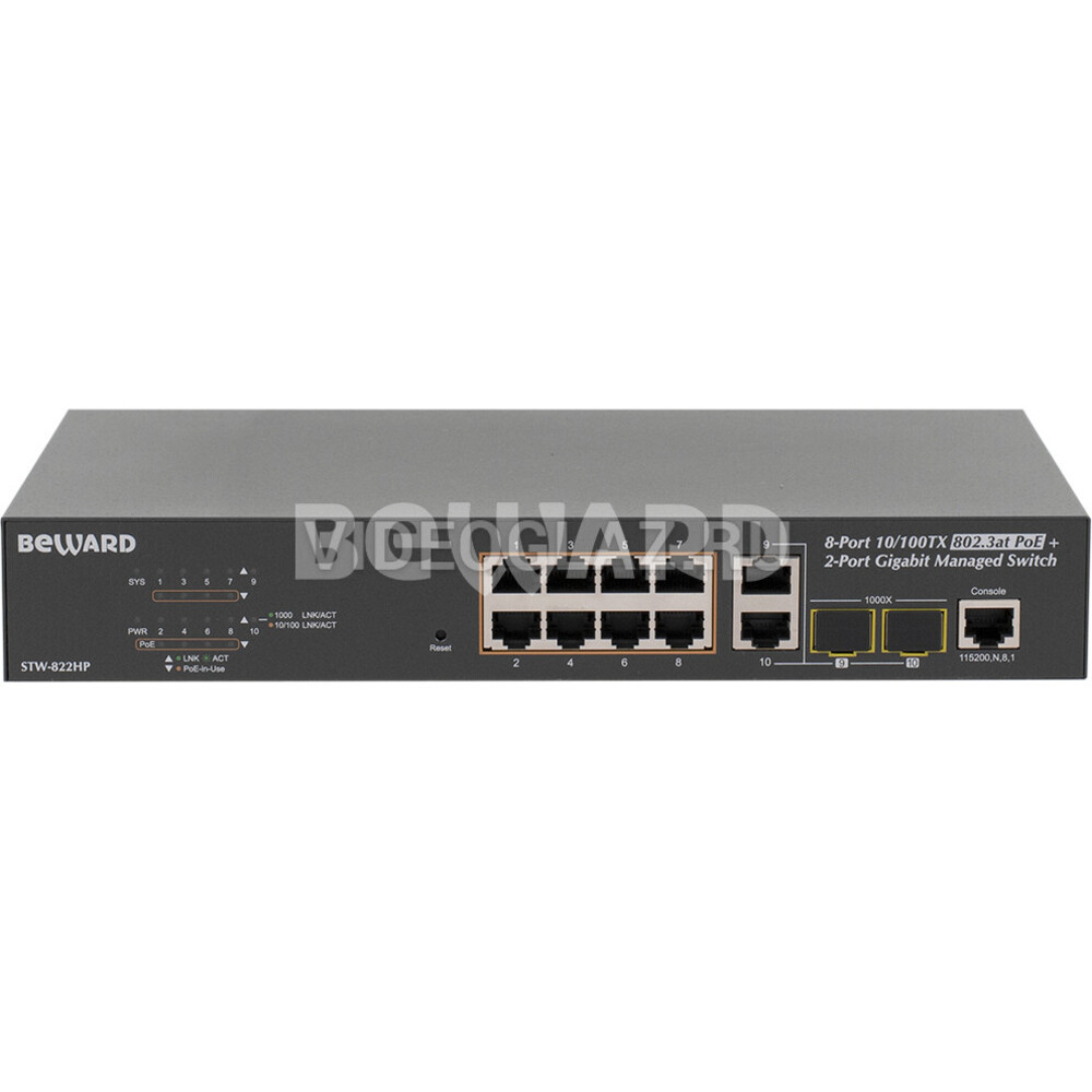 STW-822HP - Коммутатор Управляемый, 8 портов 10/100 Мбит/с (все с поддержкой High PoE) + 2 комбо порта TP/SFP 10/100/1000 Мбит/с, PoE бюджет 120 Вт, CCTV режим до 250м