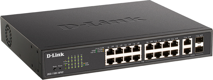 Коммутатор D-Link DGS-1100-18PV2/A (L2) 16x1Гбит/с 2xКомбо(1000BASE-T/SFP) 2SFP 130W настраиваемый