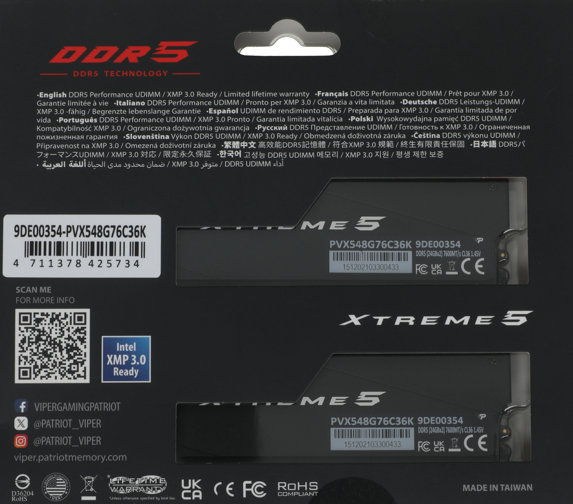 Память DDR5 2x24GB 7600MHz Patriot PVX548G76C36K Viper Xtreme 5 RTL Gaming PC5-60800 CL36 DIMM ECC 288-pin 1.45В с радиатором Ret