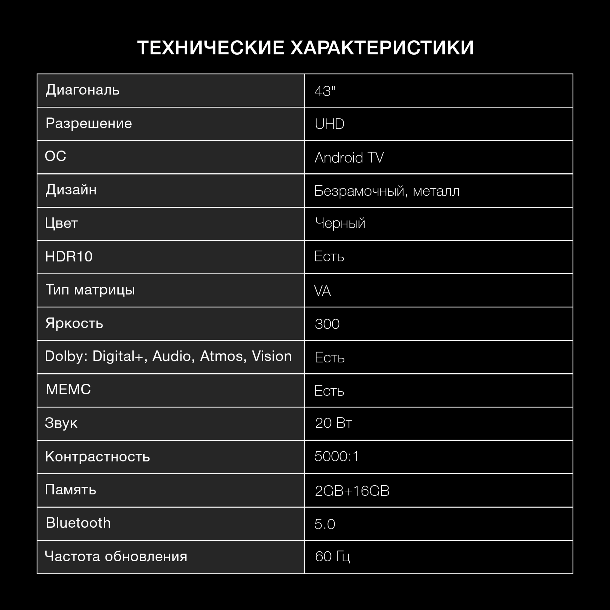 Телевизор LED Hyundai 43" H-LED43BU7009 Android TV Frameless черный/черный 4K Ultra HD 60Hz MEMC DVB-T DVB-T2 DVB-C DVB-S DVB-S2 USB WiFi Smart TV