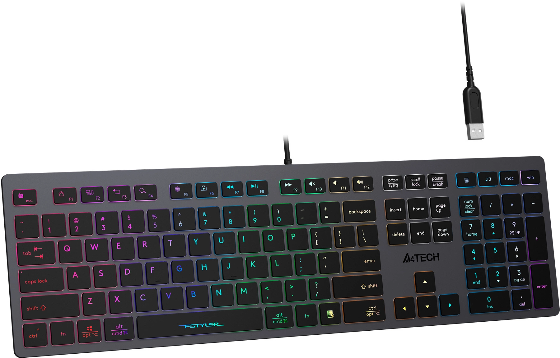 Клавиатура A4Tech FX60H серый USB slim LED (FX60H GREY/NEON) кабель 1.5м