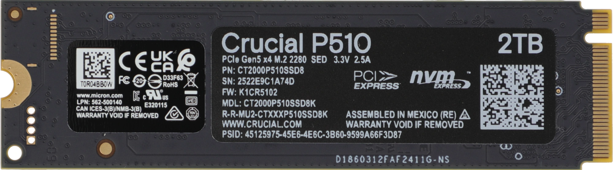 Накопитель SSD Crucial PCIe 5.0 x4 2TB CT2000P510SSD8 P510 M.2 2280