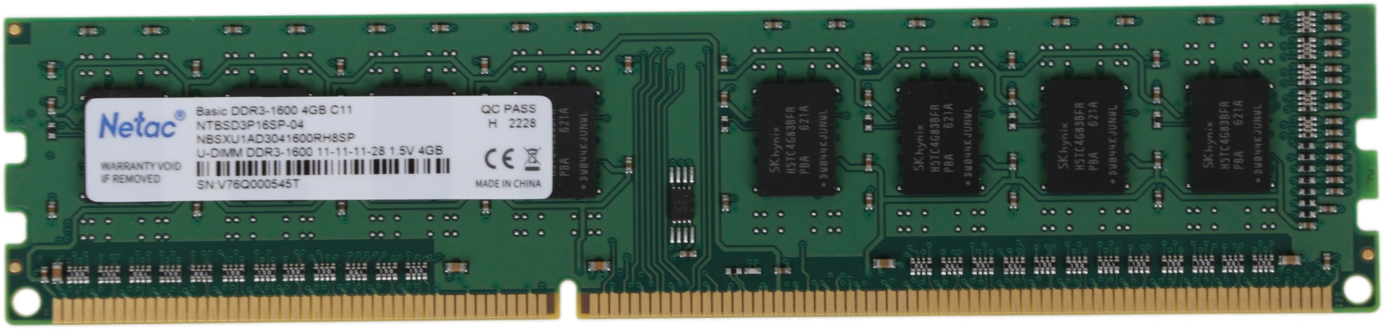 Память DDR3 4GB 1600MHz Netac NTBSD3P16SP-04 Basic RTL PC3-12800 CL11 DIMM 240-pin 1.5В dual rank Ret