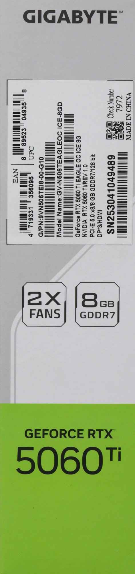 Видеокарта Gigabyte PCI-E 5.0 GV-N506TEAGLEOC ICE-8GD 1.0 NVIDIA GeForce RTX 5060TI 8Gb 128bit GDDR7 2572/28000 HDMIx1 DPx3 HDCP Ret